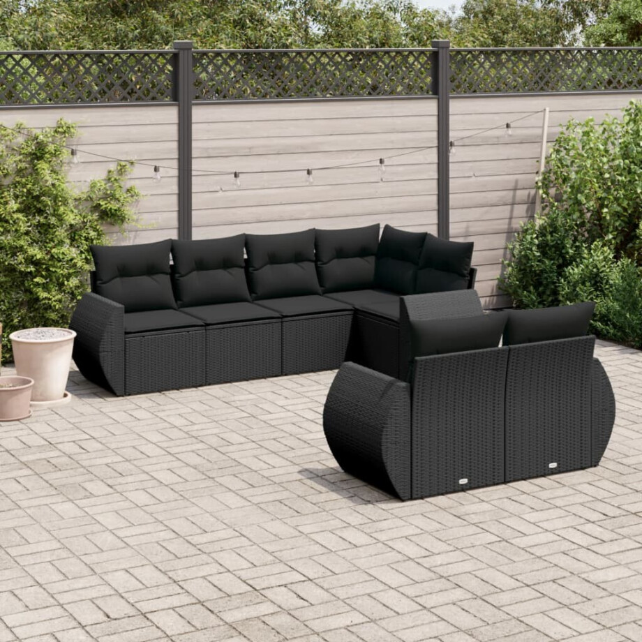 vidaXL 7-delige Loungeset met kussens poly rattan zwart vidaXL 7-delige Loungeset met kussens poly rattan zwart afbeelding 1