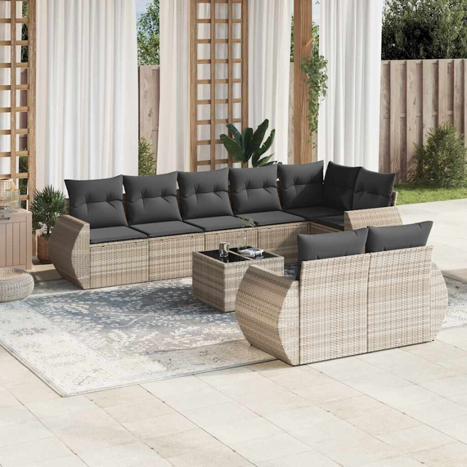 vidaXL 9-delige Loungeset met kussens poly rattan lichtgrijs afbeelding 1