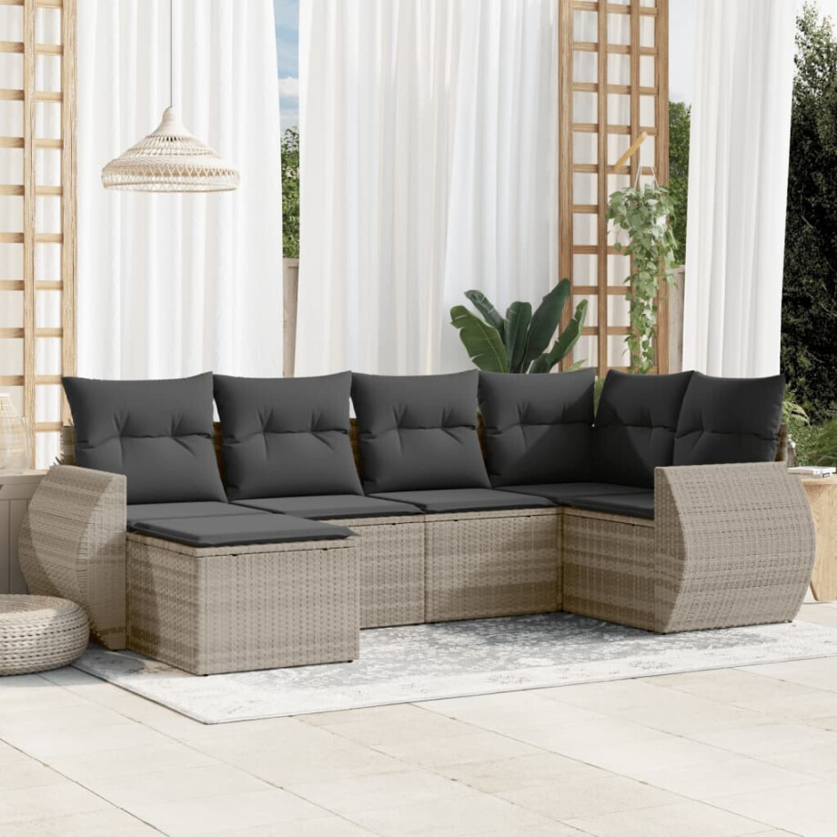 vidaXL 6-delige Loungeset met kussens poly rattan lichtgrijs afbeelding 1