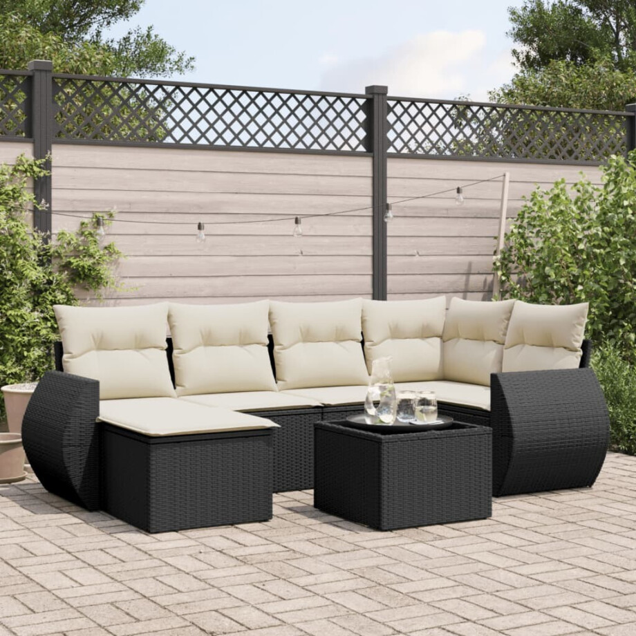 vidaXL 7-delige Loungeset met kussens poly rattan zwart vidaXL 7-delige Loungeset met kussens poly rattan zwart afbeelding 1
