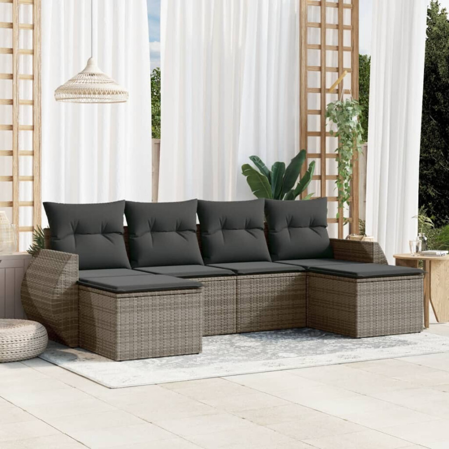 vidaXL 6-delige Loungeset met kussens poly rattan grijs afbeelding 1