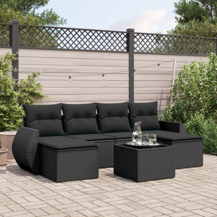vidaXL 7-delige Loungeset met kussens poly rattan zwart vidaXL 7-delige Loungeset met kussens poly rattan zwart afbeelding 1