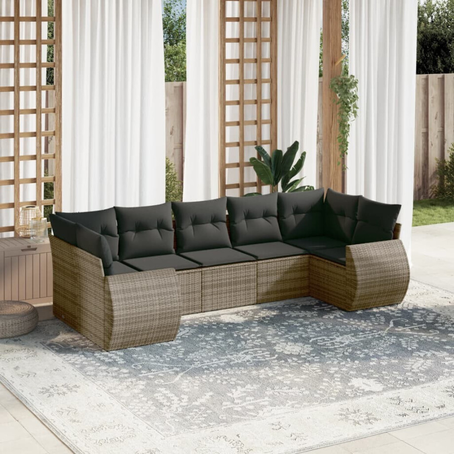 vidaXL 7-delige Loungeset met kussens poly rattan grijs afbeelding 1