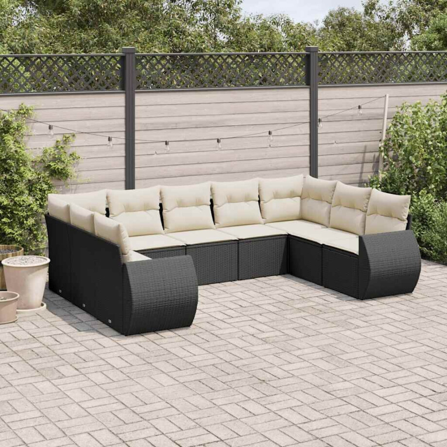 vidaXL 9-delige Loungeset met kussens poly rattan zwart vidaXL 9-delige Loungeset met kussens poly rattan zwart afbeelding 1