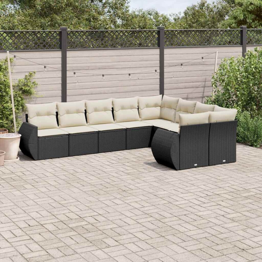 vidaXL 9-delige Loungeset met kussens poly rattan zwart vidaXL 9-delige Loungeset met kussens poly rattan zwart afbeelding 1