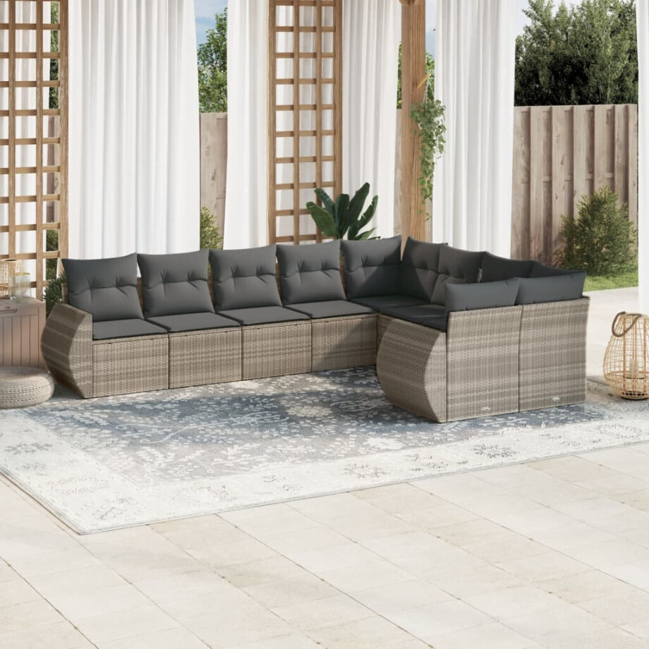 vidaXL 9-delige Loungeset met kussens poly rattan lichtgrijs afbeelding 1