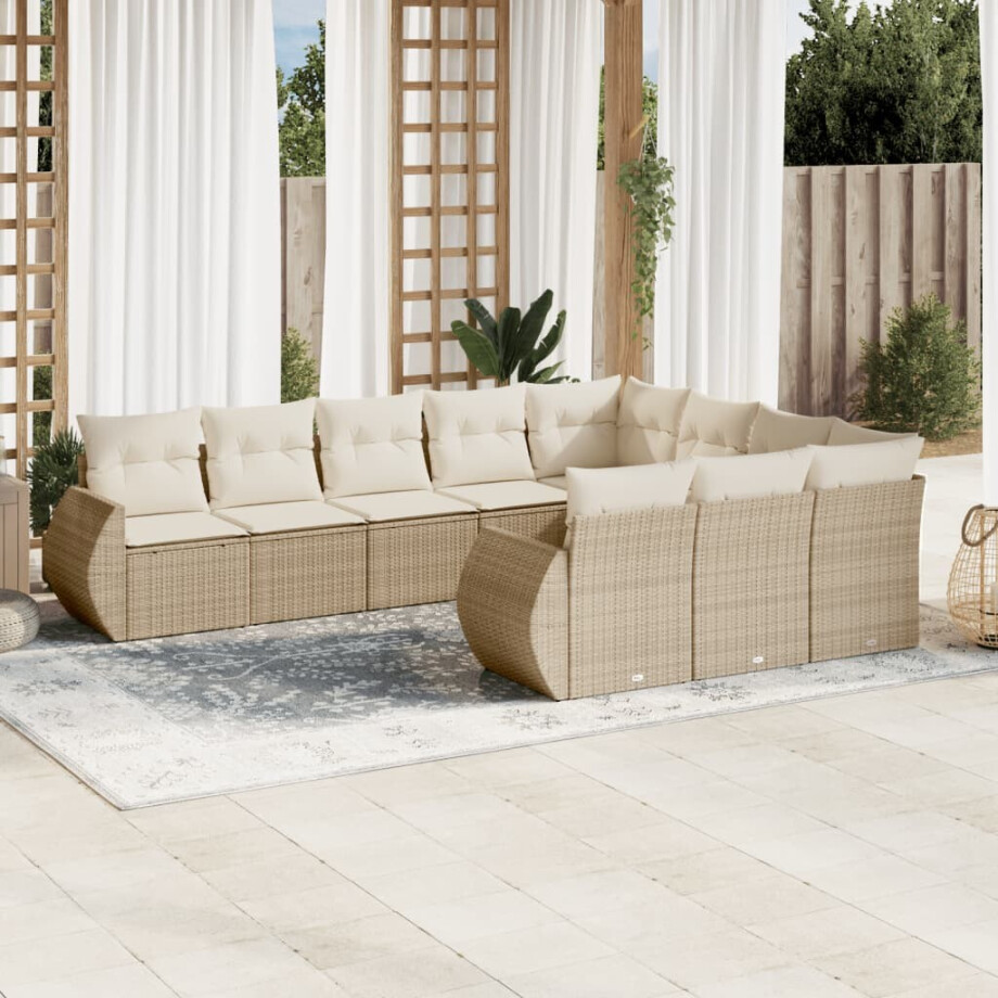vidaXL 10-delige Loungeset met kussens poly rattan beige vidaXL 10-delige Loungeset met kussens poly rattan beige afbeelding 1