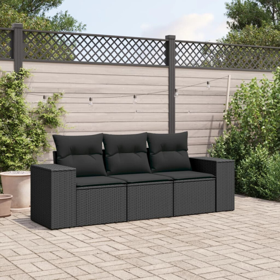 vidaXL 3-delige Loungeset met kussens poly rattan zwart afbeelding 1
