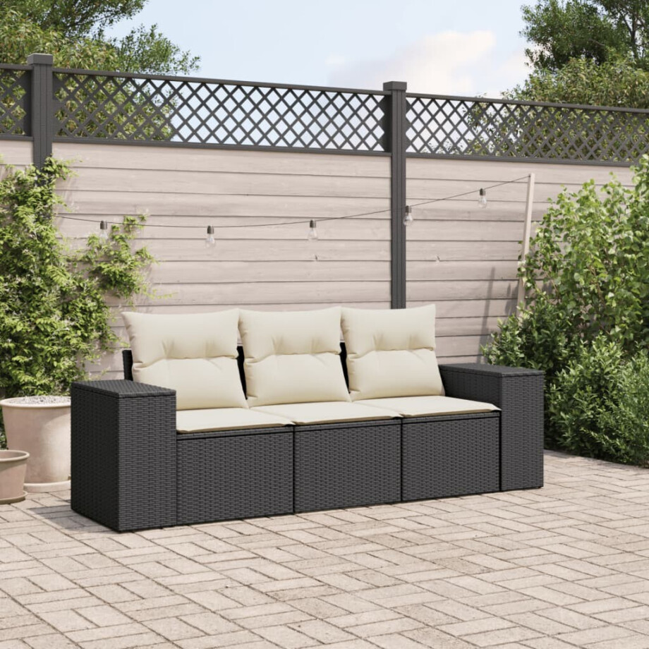 vidaXL 3-delige Loungeset met kussens poly rattan zwart vidaXL 3-delige Loungeset met kussens poly rattan zwart afbeelding 1