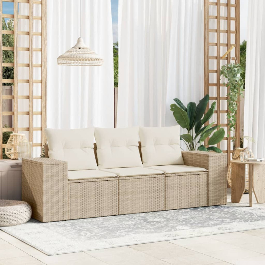 vidaXL 3-delige Loungeset met kussens poly rattan beige afbeelding 1