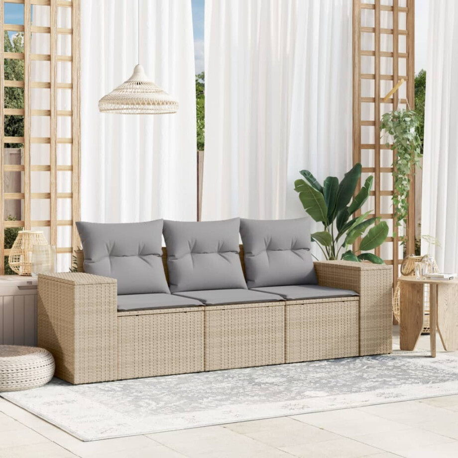 vidaXL 3-delige Loungeset met kussens poly rattan beige afbeelding 1