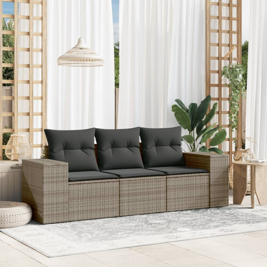 vidaXL 3-delige Loungeset met kussens poly rattan grijs afbeelding 1