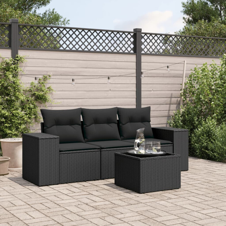 vidaXL 4-delige Loungeset met kussens poly rattan zwart afbeelding 1