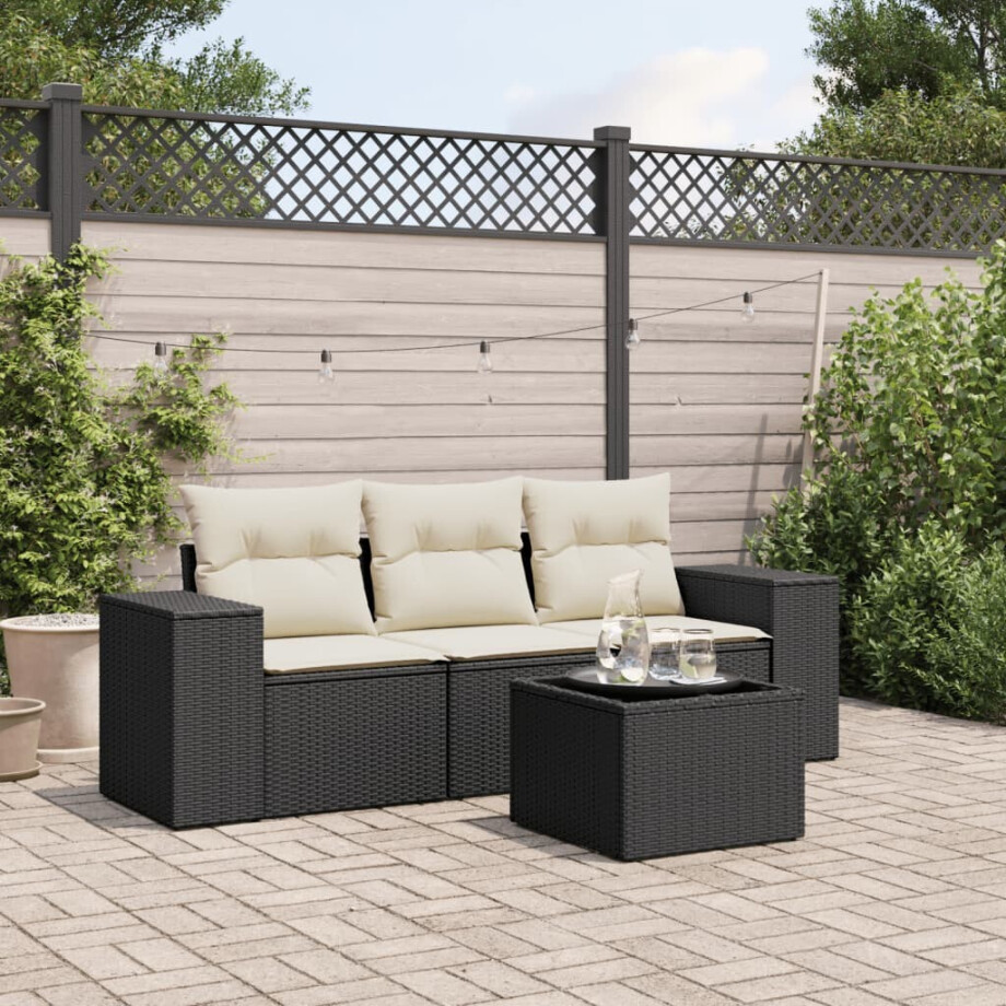 vidaXL 4-delige Loungeset met kussens poly rattan zwart afbeelding 1