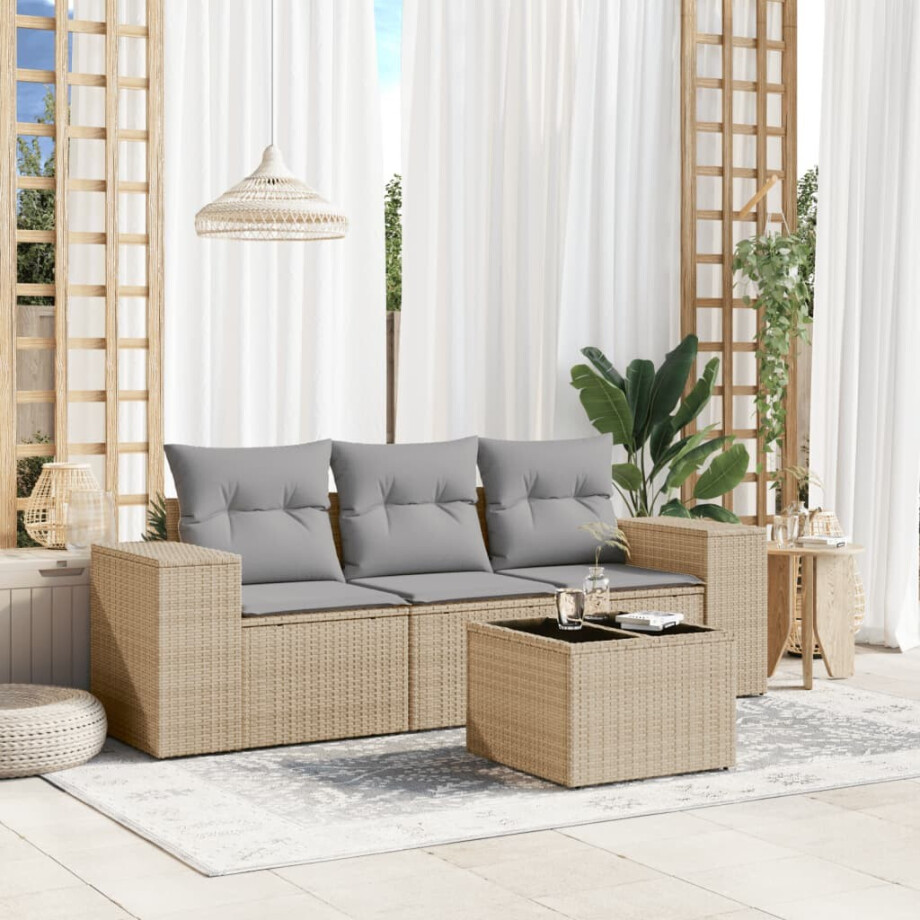 vidaXL 4-delige Loungeset met kussens poly rattan beige afbeelding 1