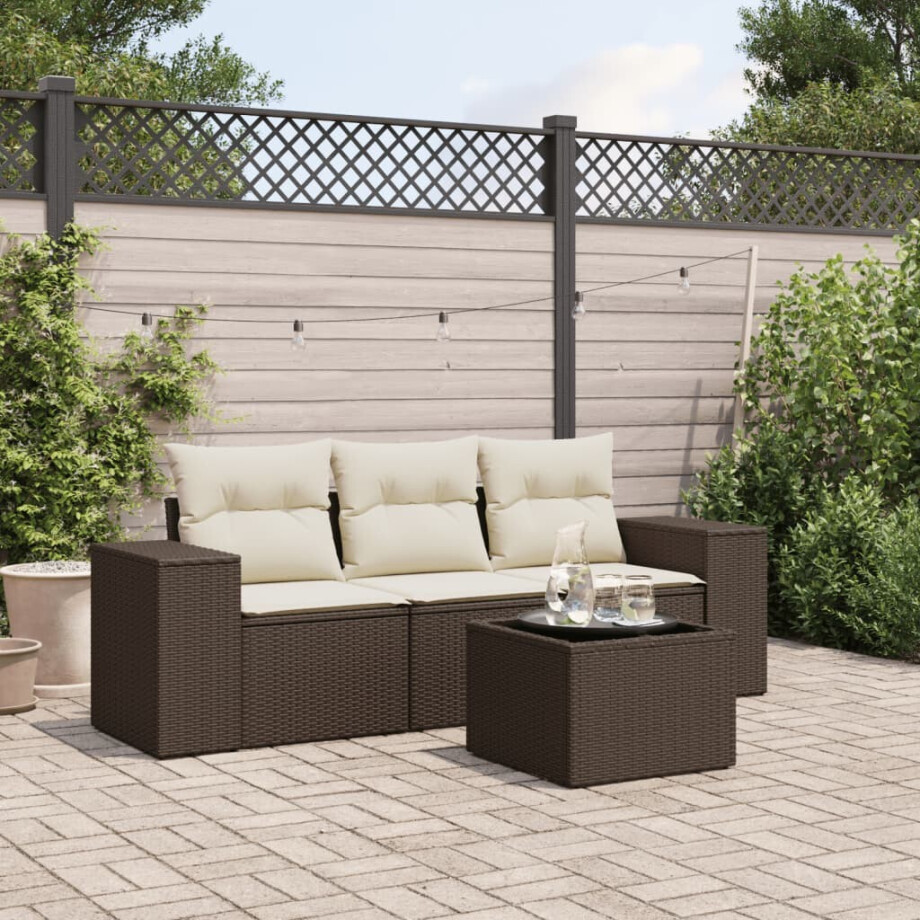 vidaXL 4-delige Loungeset met kussens poly rattan bruin afbeelding 1