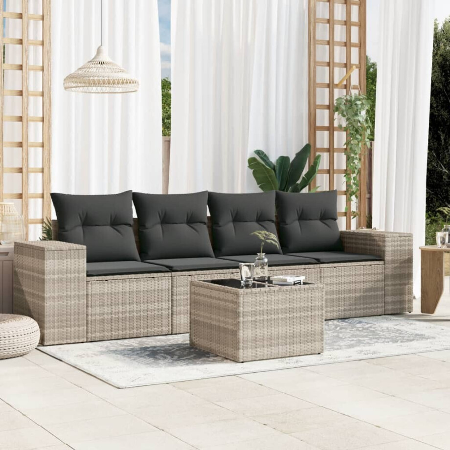 vidaXL 5-delige Loungeset met kussens poly rattan lichtgrijs afbeelding 1