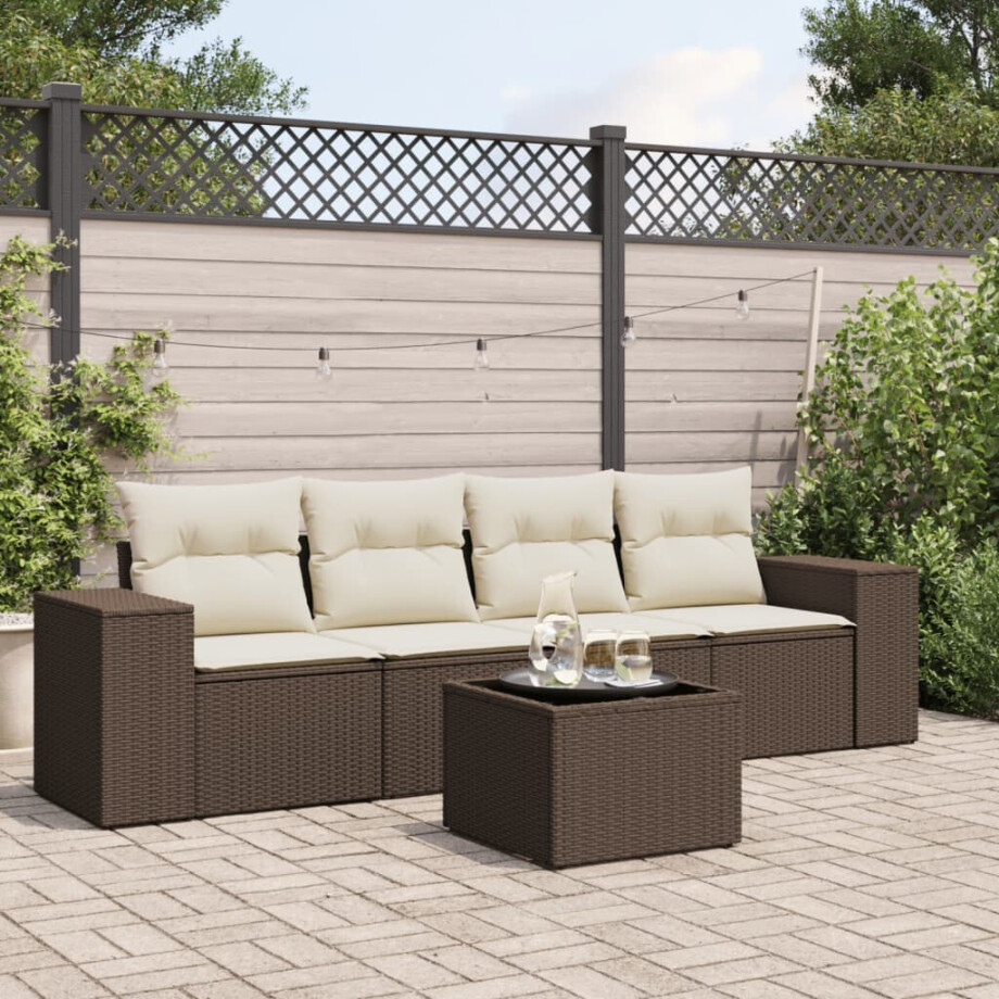 vidaXL 5-delige Loungeset met kussens poly rattan bruin afbeelding 1