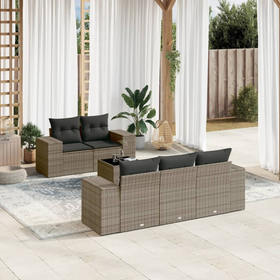 vidaXL 6-delige Loungeset met kussens poly rattan grijs afbeelding 1