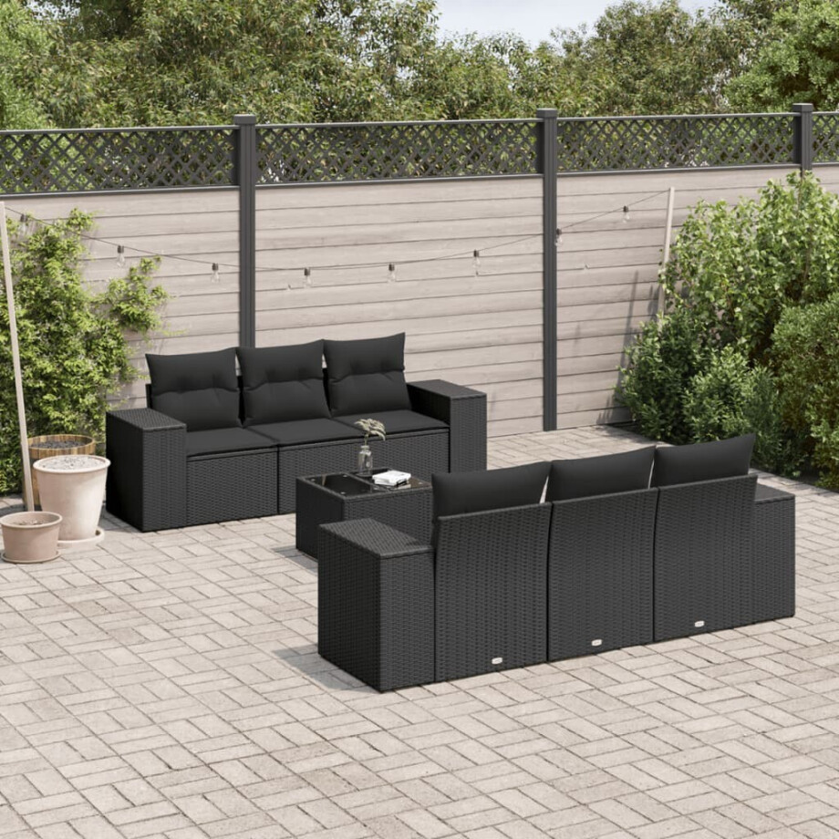 vidaXL 7-delige Loungeset met kussens poly rattan zwart vidaXL 7-delige Loungeset met kussens poly rattan zwart afbeelding 1