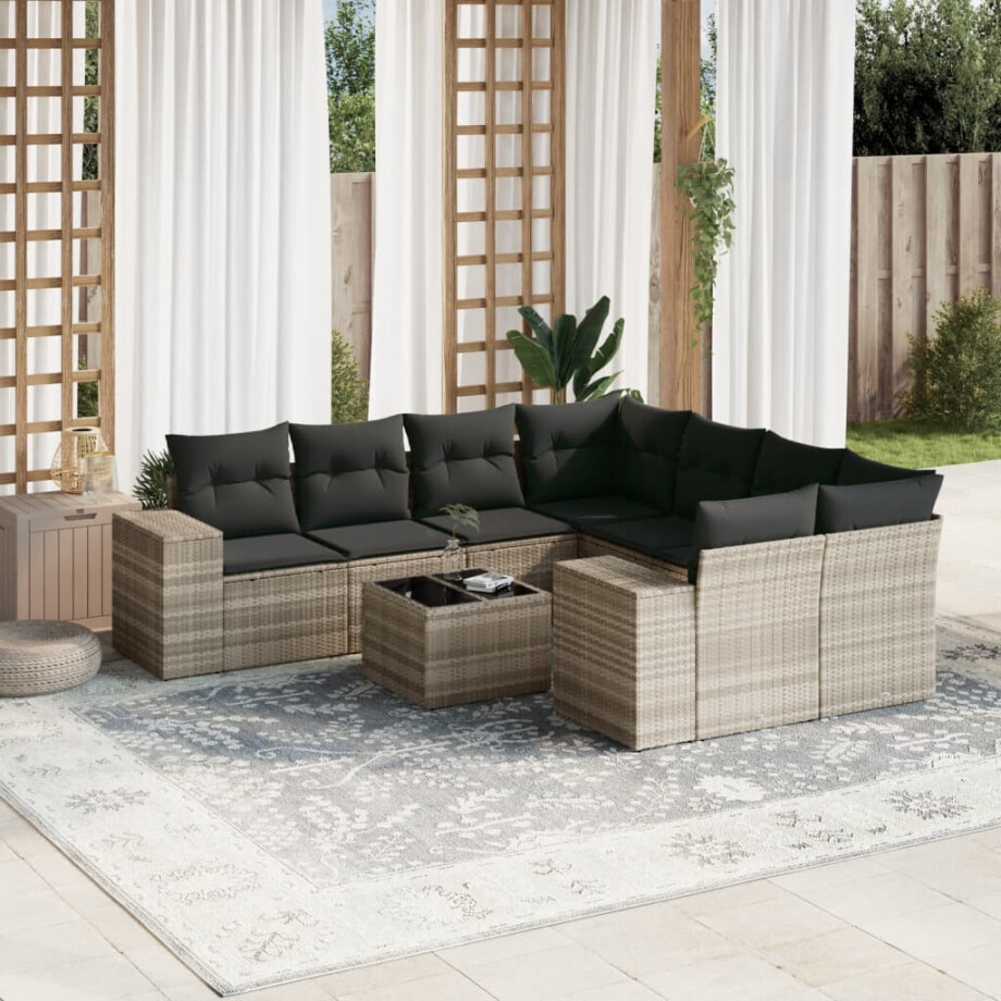 vidaXL 9-delige Loungeset met kussens poly rattan lichtgrijs afbeelding 1
