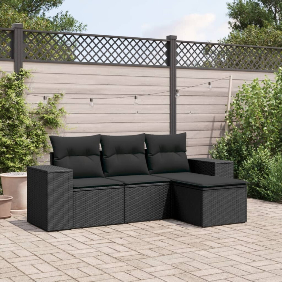 vidaXL 4-delige Loungeset met kussens poly rattan zwart afbeelding 1