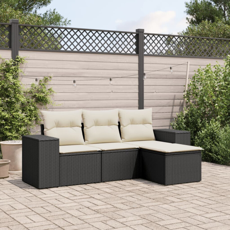 vidaXL 4-delige Loungeset met kussens poly rattan zwart afbeelding 1