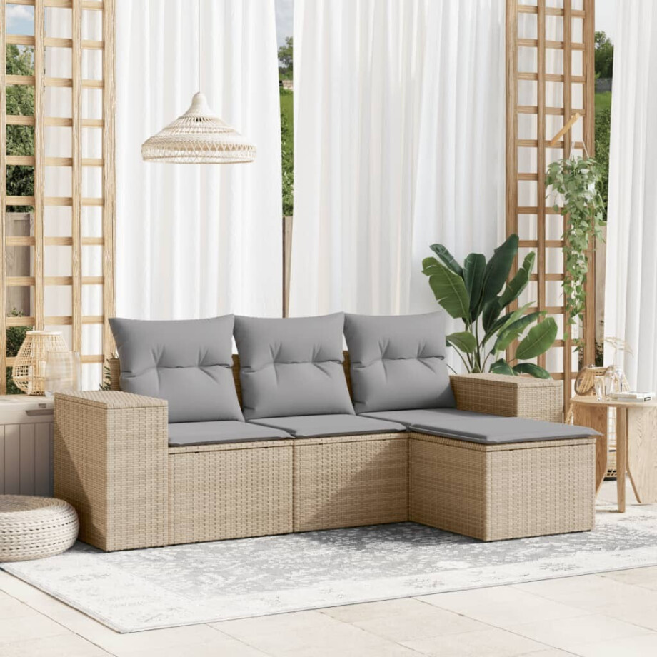 vidaXL 4-delige Loungeset met kussens poly rattan beige afbeelding 1