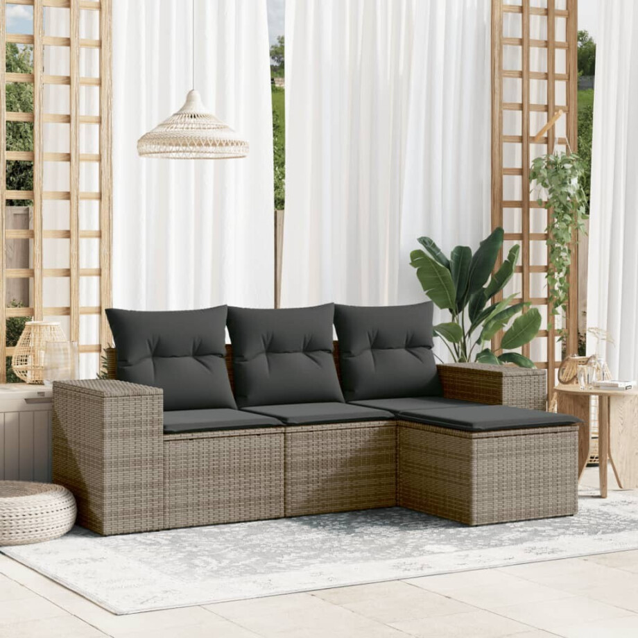 vidaXL 4-delige Loungeset met kussens poly rattan grijs vidaXL 4-delige Loungeset met kussens poly rattan grijs afbeelding 1