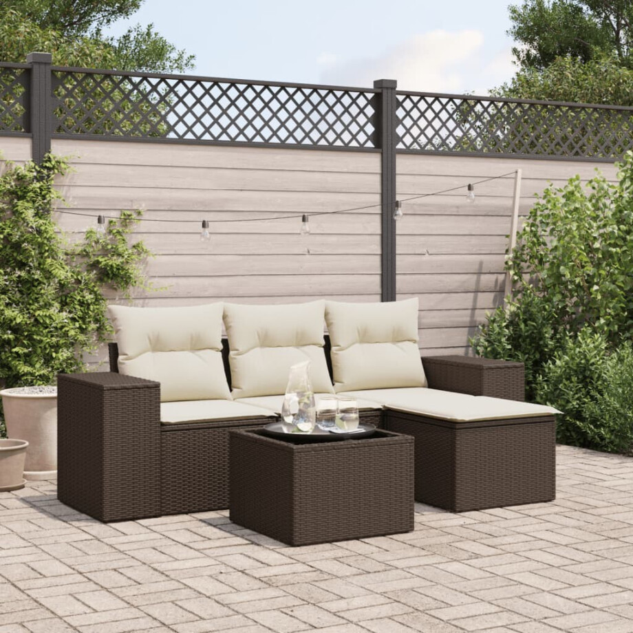 vidaXL 5-delige Loungeset met kussens poly rattan bruin vidaXL 5-delige Loungeset met kussens poly rattan bruin afbeelding 1
