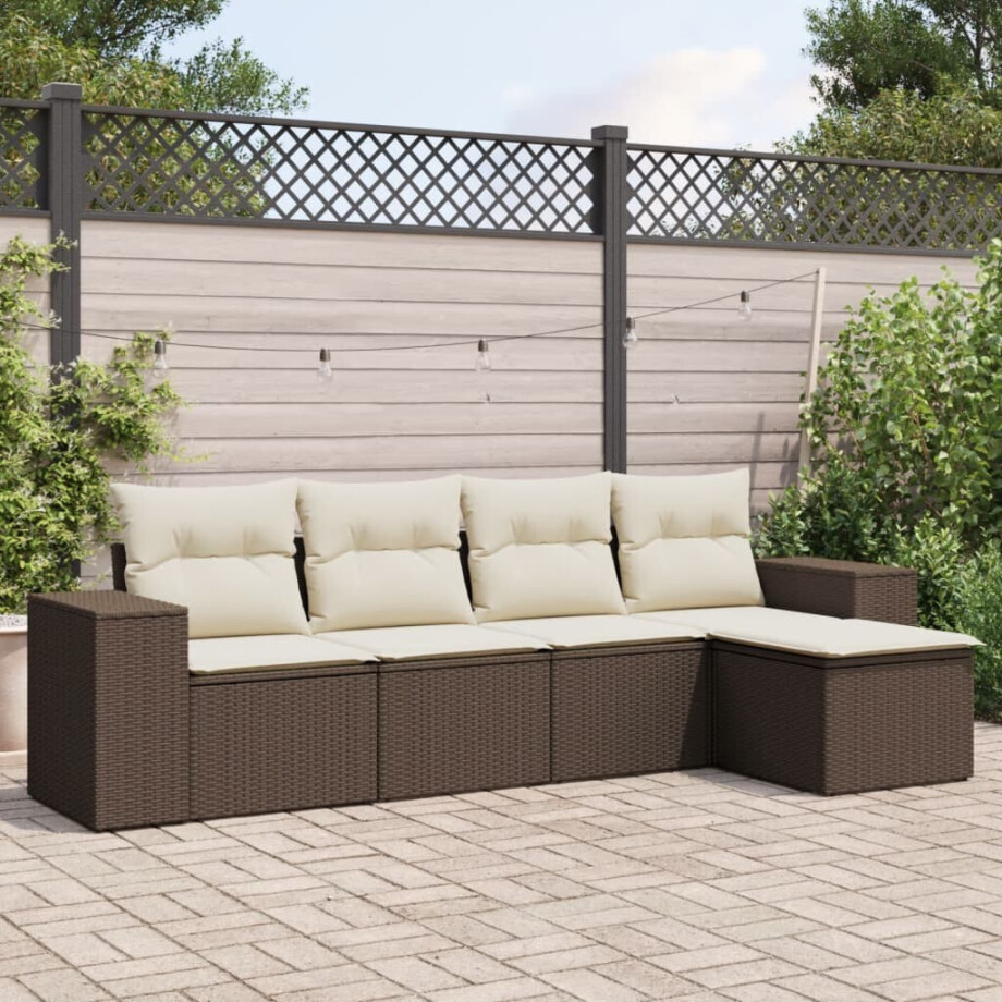 vidaXL 5-delige Loungeset met kussens poly rattan bruin vidaXL 5-delige Loungeset met kussens poly rattan bruin afbeelding 1