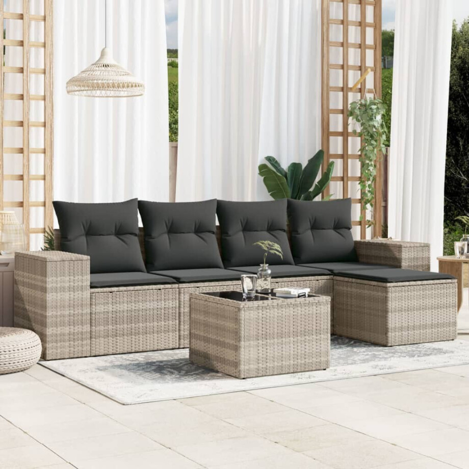 vidaXL 6-delige Loungeset met kussens poly rattan lichtgrijs afbeelding 1