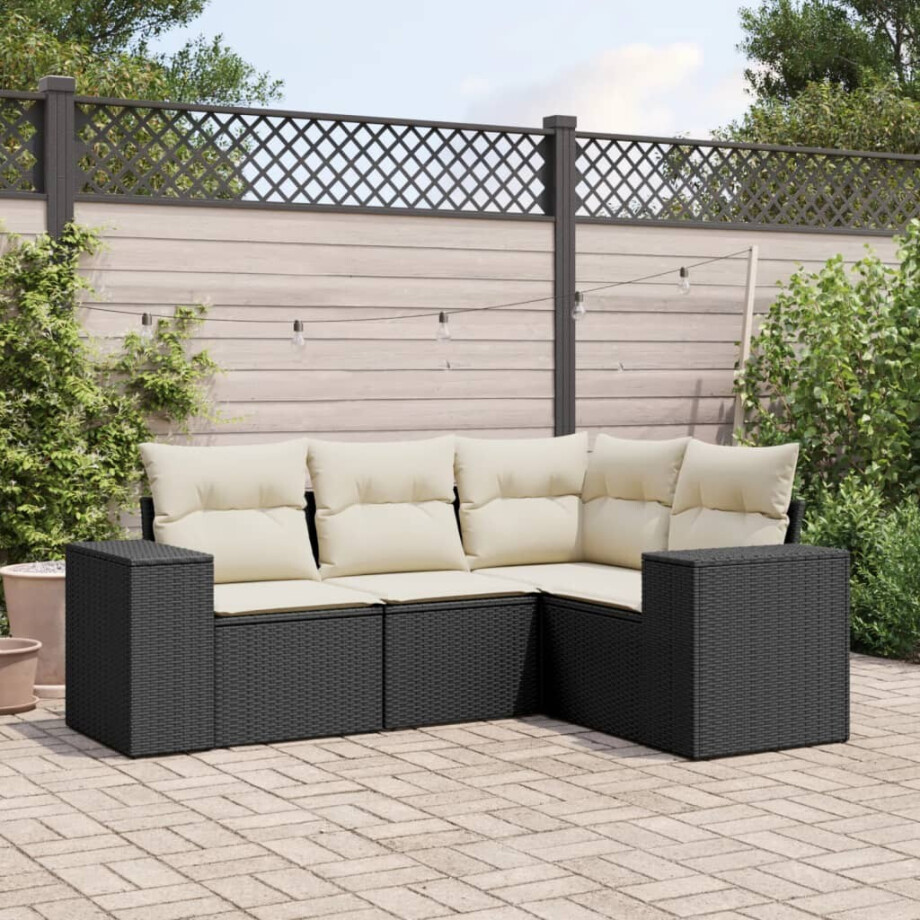 vidaXL 4-delige Loungeset met kussens poly rattan zwart afbeelding 1