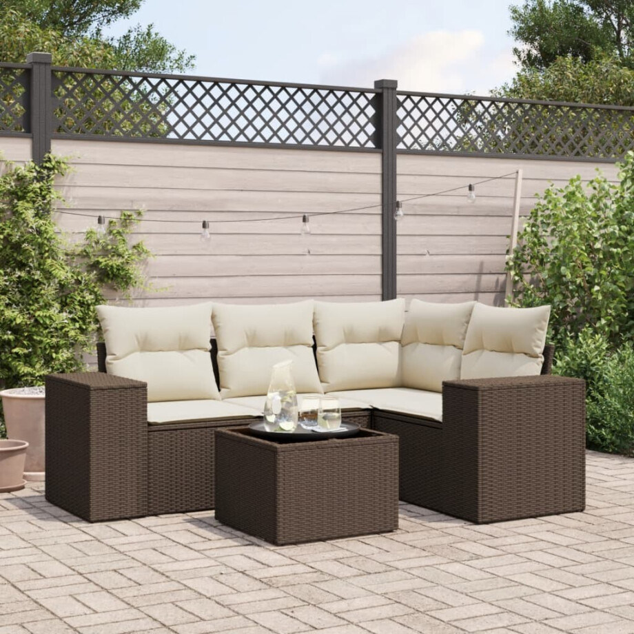 vidaXL 5-delige Loungeset met kussens poly rattan bruin afbeelding 1