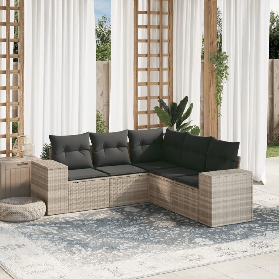 vidaXL 5-delige Loungeset met kussens poly rattan lichtgrijs afbeelding 1