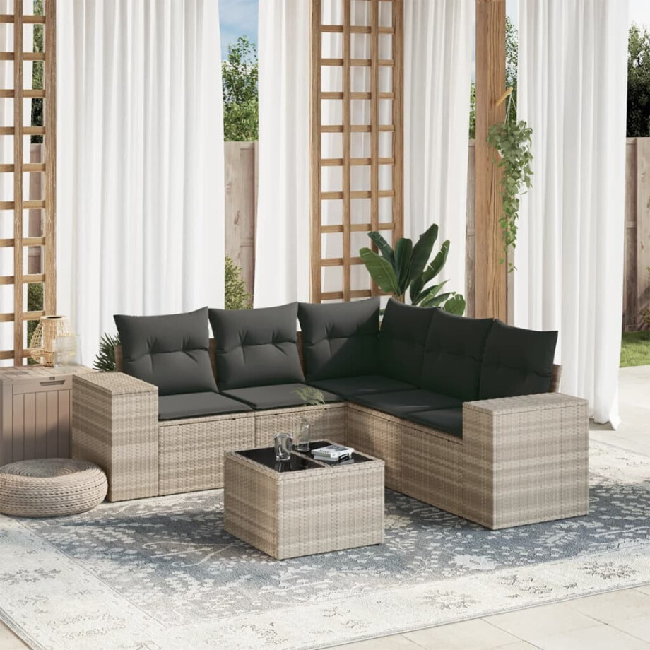 vidaXL 6-delige Loungeset met kussens poly rattan lichtgrijs afbeelding 1