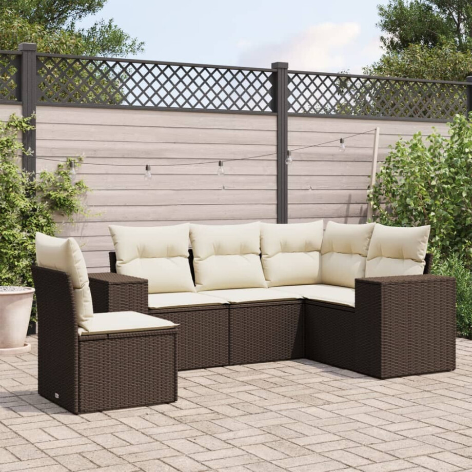 vidaXL 5-delige Loungeset met kussens poly rattan bruin afbeelding 1