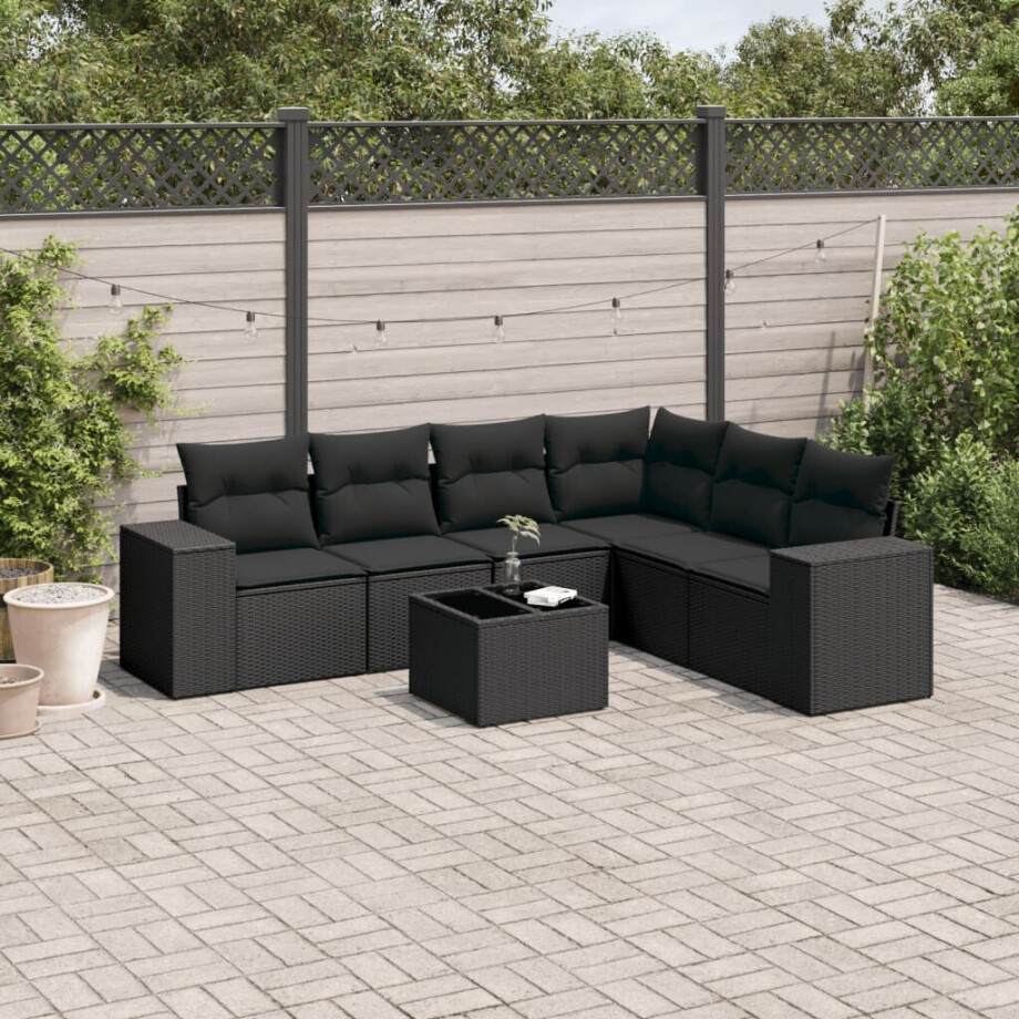 vidaXL 7-delige Loungeset met kussens poly rattan zwart vidaXL 7-delige Loungeset met kussens poly rattan zwart afbeelding 1