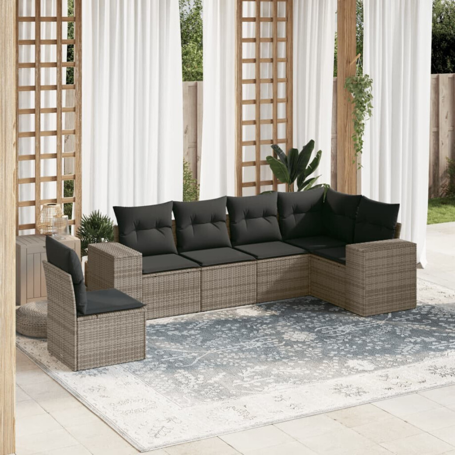vidaXL 6-delige Loungeset met kussens poly rattan grijs afbeelding 1