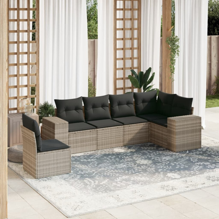 vidaXL 6-delige Loungeset met kussens poly rattan lichtgrijs afbeelding 1