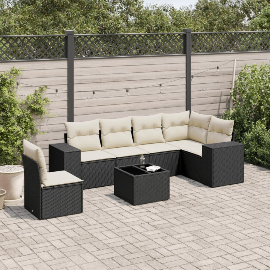 vidaXL 7-delige Loungeset met kussens poly rattan zwart vidaXL 7-delige Loungeset met kussens poly rattan zwart afbeelding 1