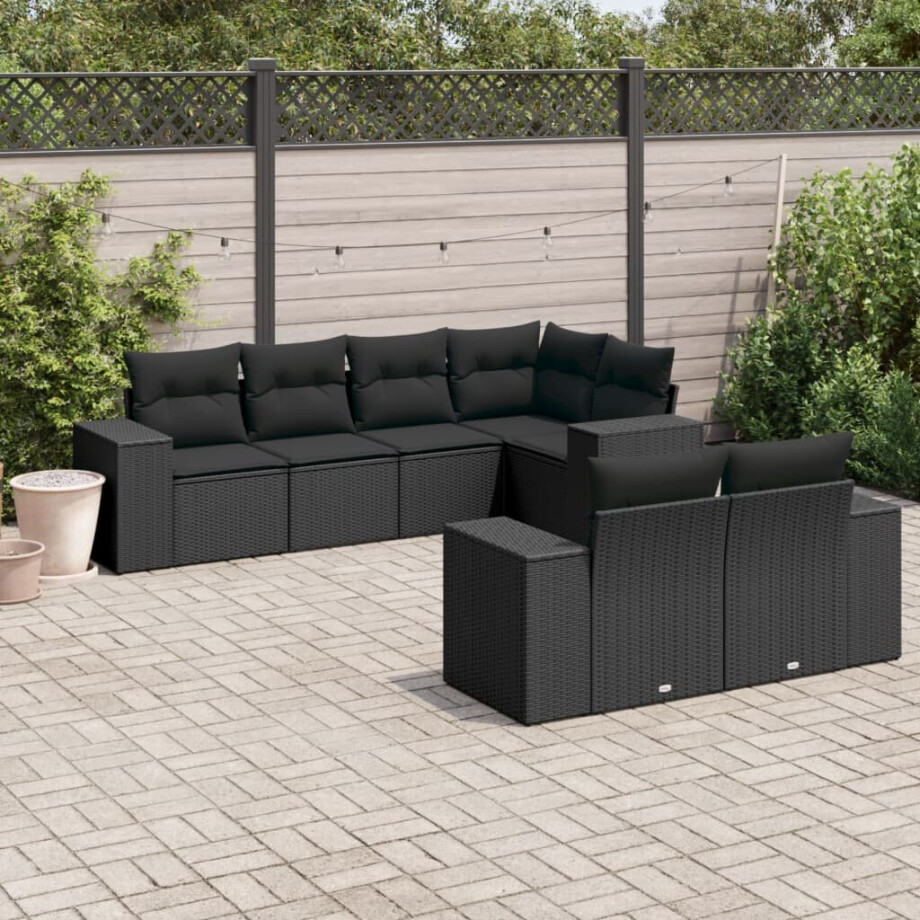 vidaXL 7-delige Loungeset met kussens poly rattan zwart vidaXL 7-delige Loungeset met kussens poly rattan zwart afbeelding 1