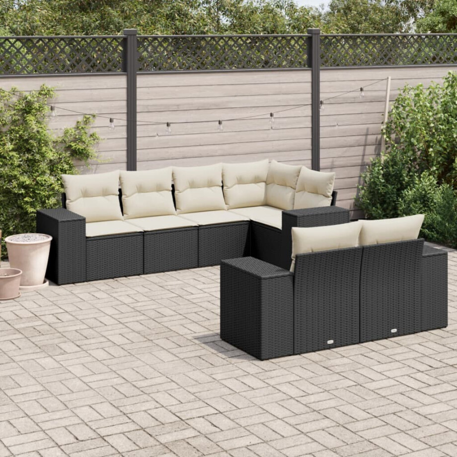 vidaXL 7-delige Loungeset met kussens poly rattan zwart afbeelding 1