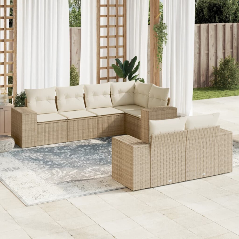 vidaXL 7-delige Loungeset met kussens poly rattan beige vidaXL 7-delige Loungeset met kussens poly rattan beige afbeelding 1