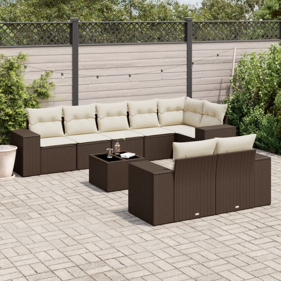 vidaXL 9-delige Loungeset met kussens poly rattan bruin afbeelding 1