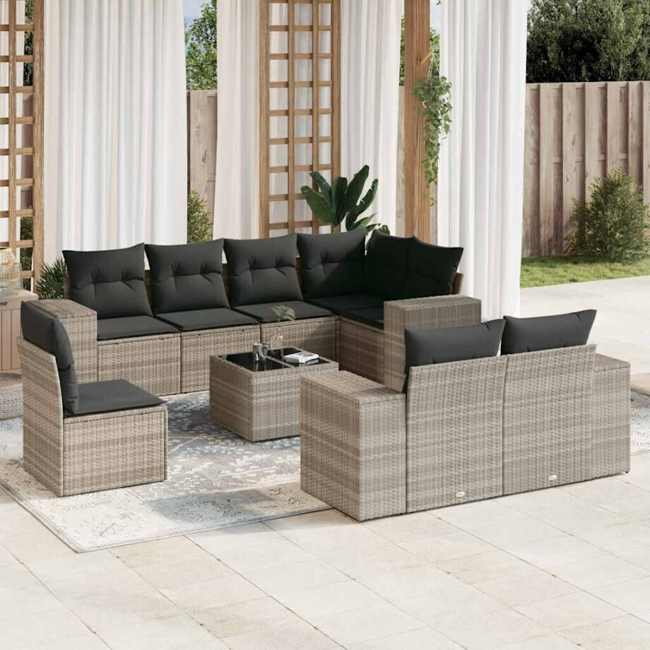 vidaXL 9-delige Loungeset met kussens poly rattan lichtgrijs afbeelding 1