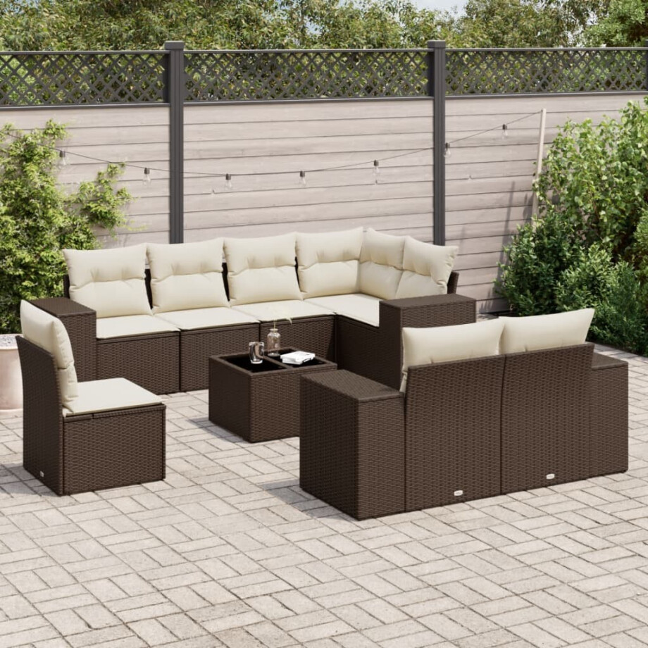 vidaXL 9-delige Loungeset met kussens poly rattan bruin afbeelding 1