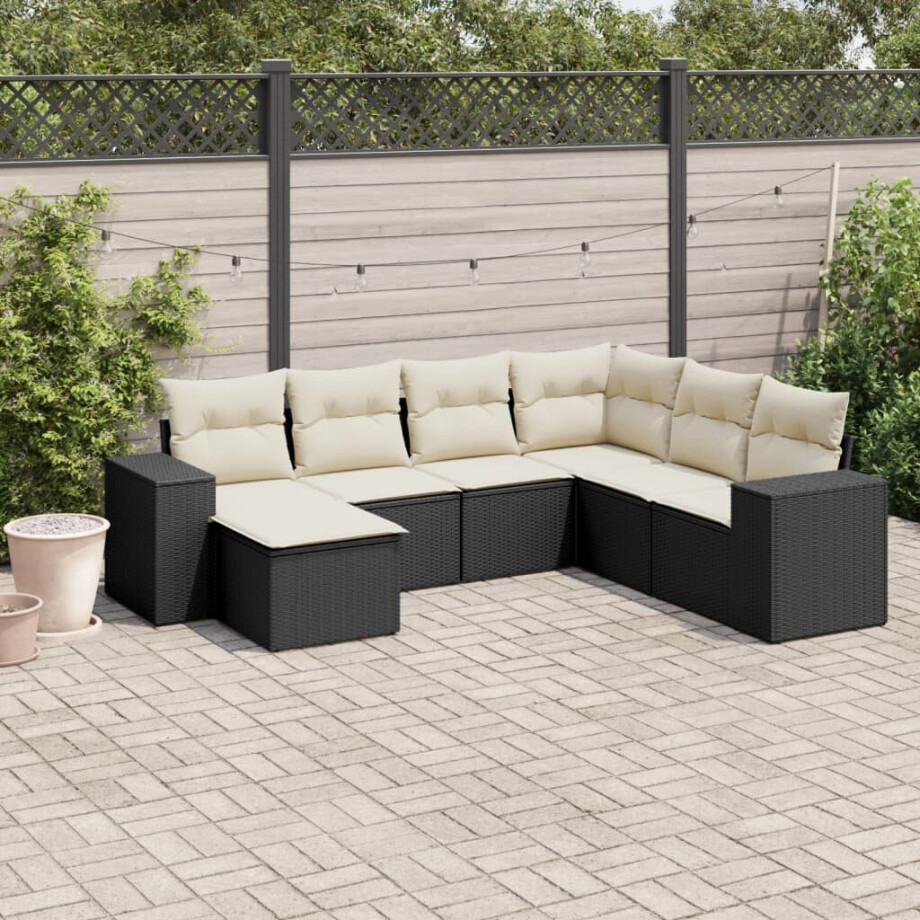 vidaXL 7-delige Loungeset met kussens poly rattan zwart vidaXL 7-delige Loungeset met kussens poly rattan zwart afbeelding 1