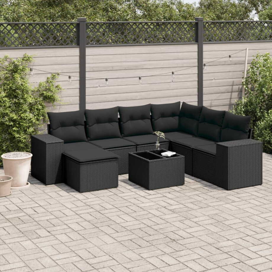 vidaXL 8-delige Loungeset met kussens poly rattan zwart afbeelding 1