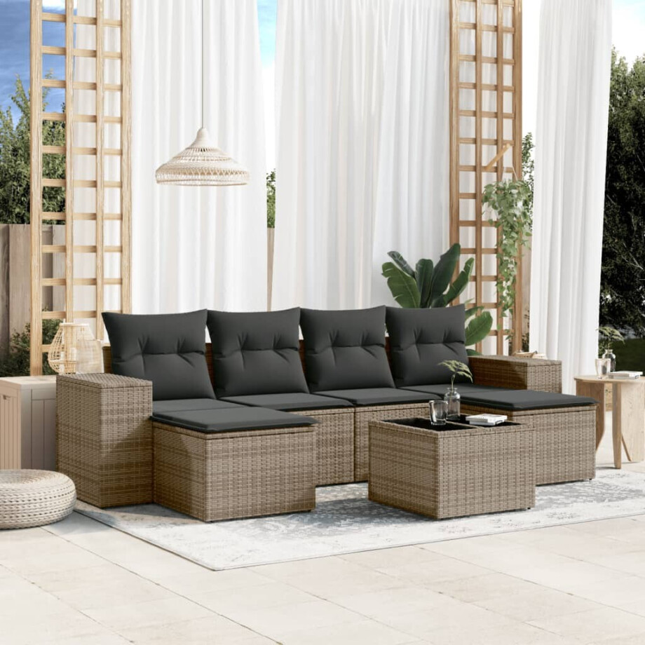 vidaXL 7-delige Loungeset met kussens poly rattan grijs afbeelding 1